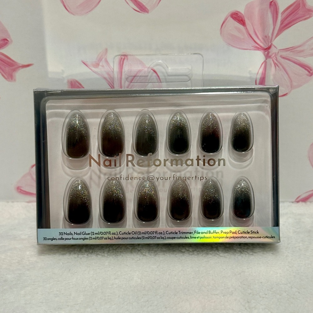 Nail Reformation Ombre Black Glitter Almond‎ Press On Nails 32 Count Kit